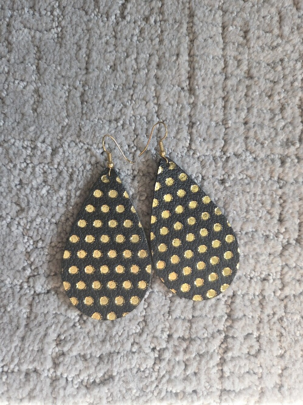 Gold Dot Black Teardrop Leather Earrings